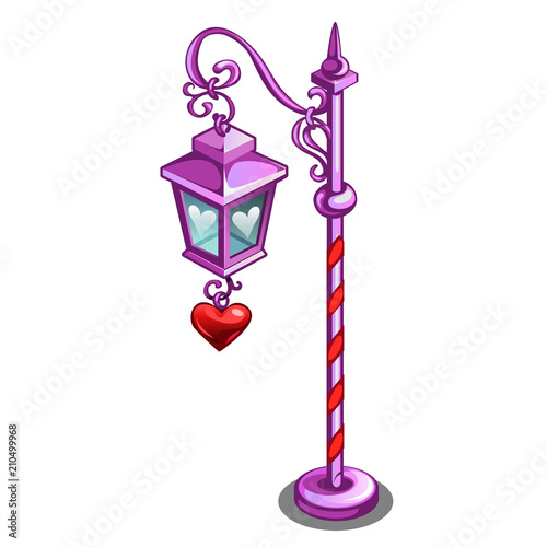 Pink street lamp with a pendant in the shape of a red heart isolated on white background. Vector cartoon close-up illustration.