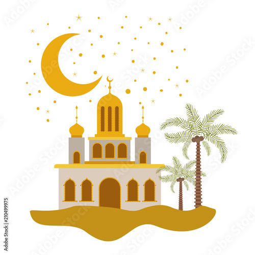 arabic castle with moon in the night scene vector illustration design