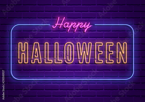 Happy Halloween party bright signboard on brick wall background