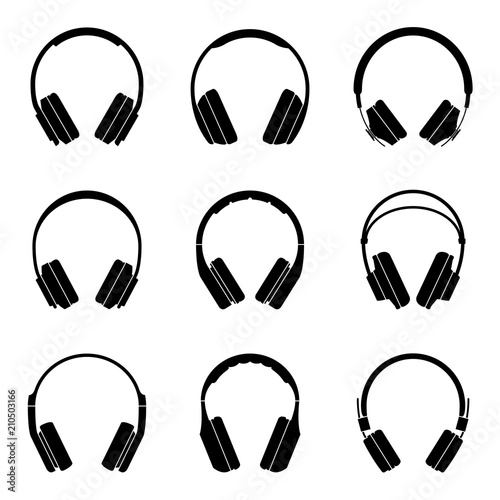 Set of various types of headphone. Silhouette vector