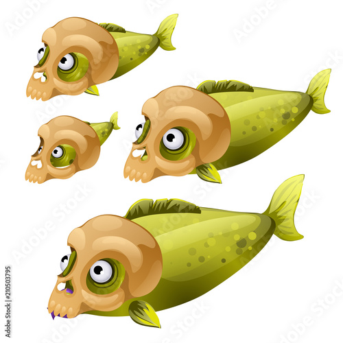 Set green fish swim with masks in the form of a human skull isolated on white background. Vector illustration.