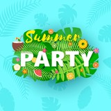 Word PARTY summer composition with creative green jungle leaves fruits and coctail in paper cut style. Tropical craft design for your poster, banner, flyer T-shirt printing. Vector illustration.