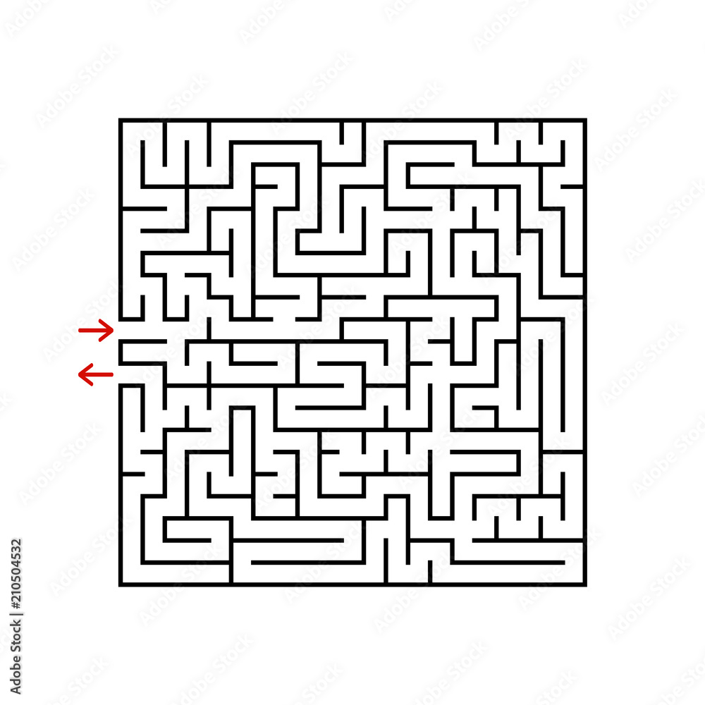 Black square maze with entrance and exit. A game for children and adults. Simple flat vector illustration isolated on white background. Black square maze with entrance and exit. A game for children and adults. Simple flat vector illustration isolated on white background.