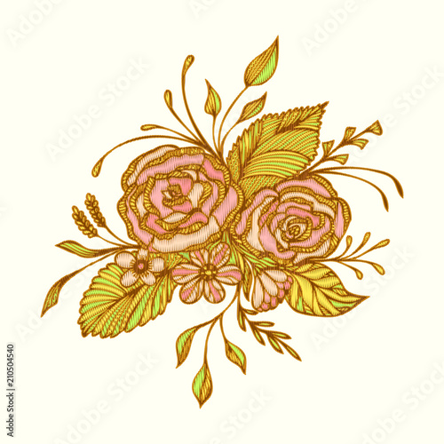 Abstract flowers bouquet with embroidery handmade effect in gold pink light green on white for decoration clothes or package and for others things