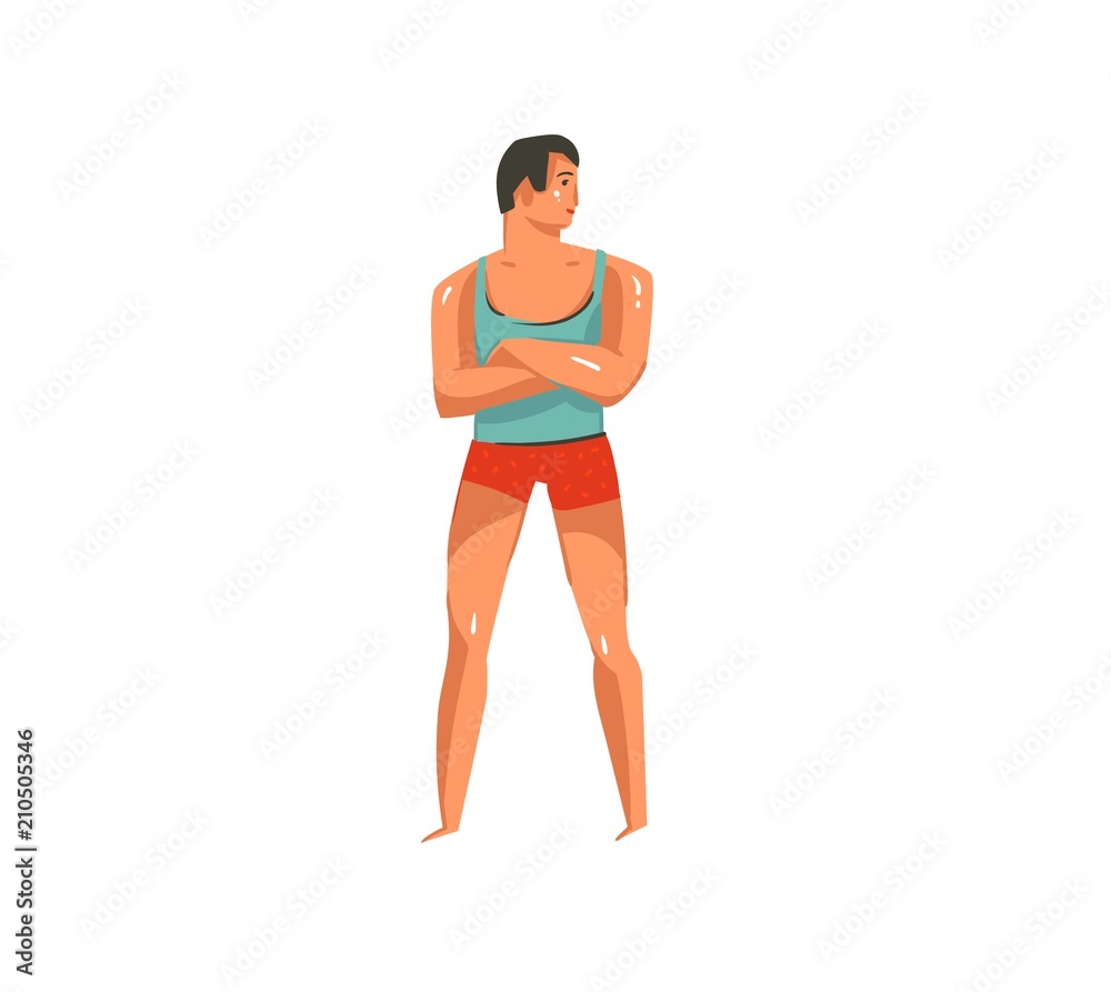 Fototapeta premium Hand drawn vector abstract graphic cartoon summer time collection flat illustrations with young man character on the beach isolated on white background