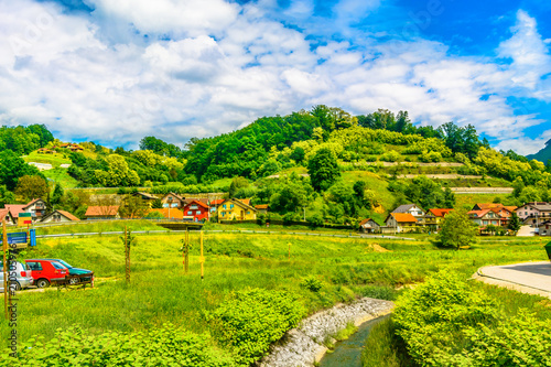 Zagorje picturesque village scenic. / Scenic view at amazing colorful landscape in Zagorje region, popular tourist resort in Croatia, Durmanec. photo