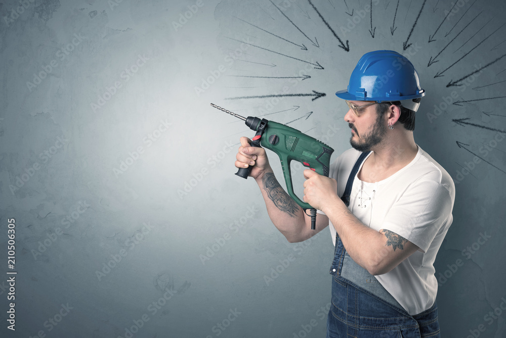 Working man with tools in his hand and arrows above his head. Working man with tools in his hand and arrows above his head.
