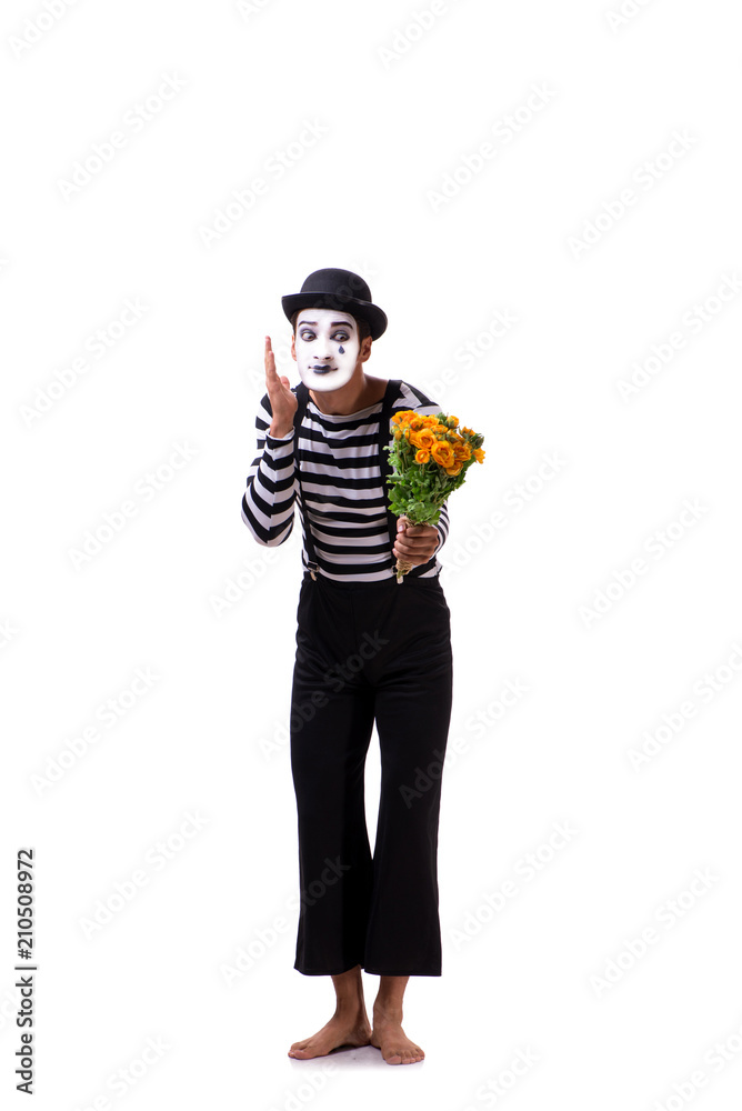 Mime with bunch of flowers isolated on white Mime with bunch of flowers isolated on white