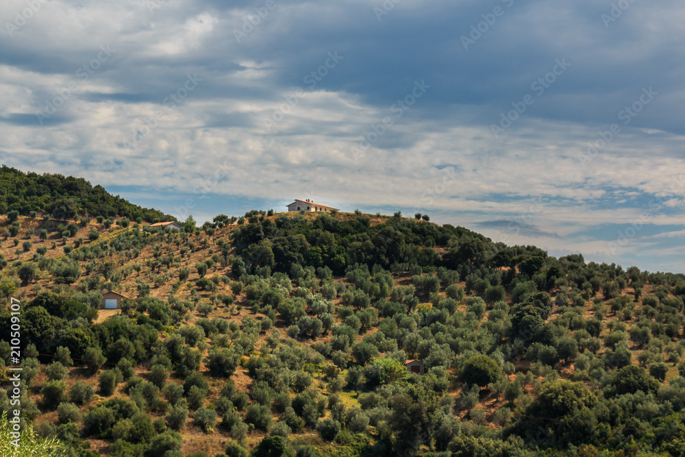 Ausblick von einer Anhöe in der Altstat Suvereto mit Blick auf die Landschaft  der Toskana, Italien