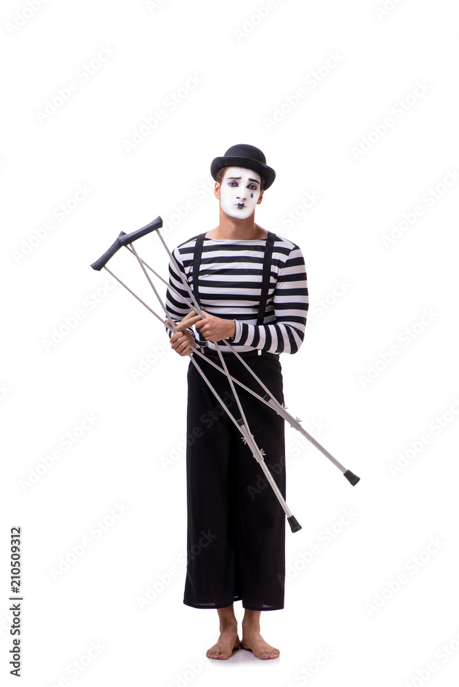 Mime with crutches isolated on white background Mime with crutches isolated on white background