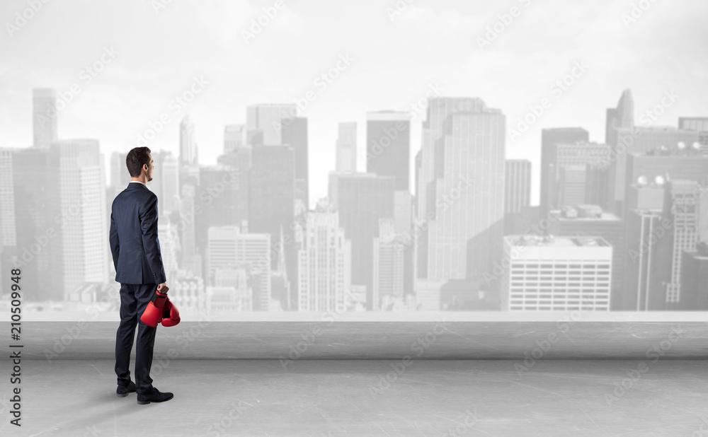 Businessman standing with his back on a roof with objects in his hand
Businessman standing with his back on a roof with objects in his hand