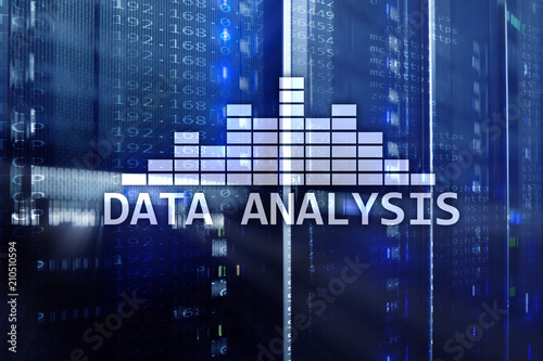Big Data analysis text on server room background. Internet and modern technology concept.
