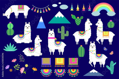 Vector set of cute llamas, alpacas and cactus collection elements for nursery design, poster, greeting, birthday card, baby shower design and party decor