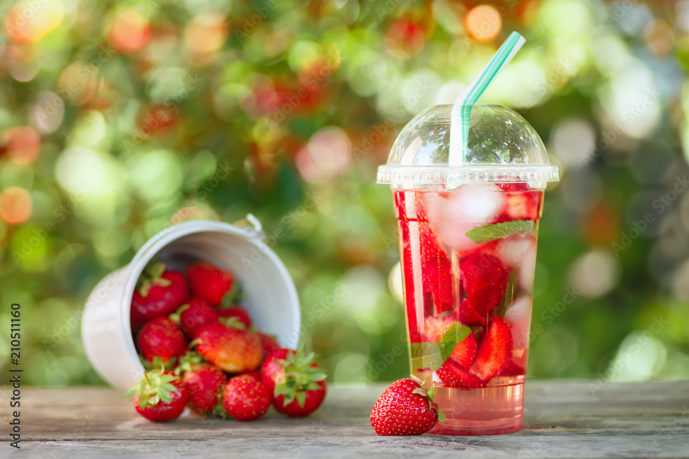 strawberry lemonade in plastic glass strawberry lemonade in plastic glass