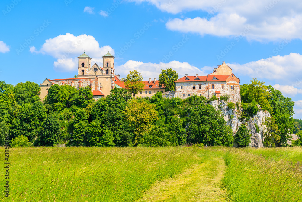 View of Tyniec monastery from green fields on sunny spring day, Cracow city, Poland