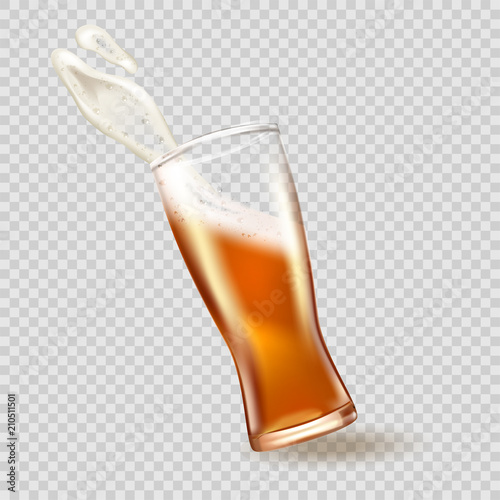 Glass with splashing beer, attractive beer mockup in 3d template on transparent background. Vector Stock illustration