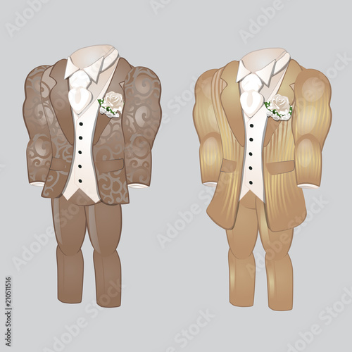Set of animated mens clothing. Groom suit for wedding celebration isolated on a gray background. Vector illustration.