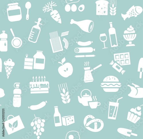 Food, seamless pattern, blue, monochrome, grocery, vector. Food and drinks, production and sale. Vector background. White icons on the blue field. 