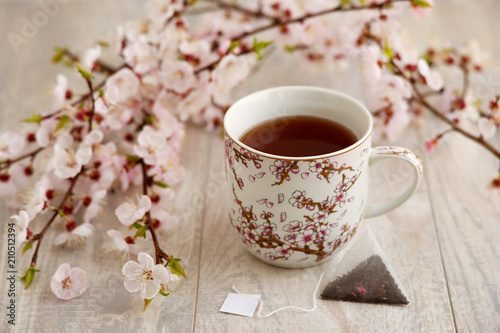 A mug of tea with tea bags surrounded by flowering branches. Flowering branches of apricot tree and a mug of apricot tea create a coziness in the spring season.