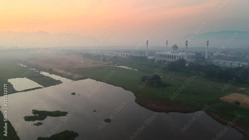 4K Aerial Movie flying Around Central Mosque, Sunrise Scene, Songkhla, Thailand 4K Aerial Movie flying Around Central Mosque, Sunrise Scene, Songkhla, Thailand