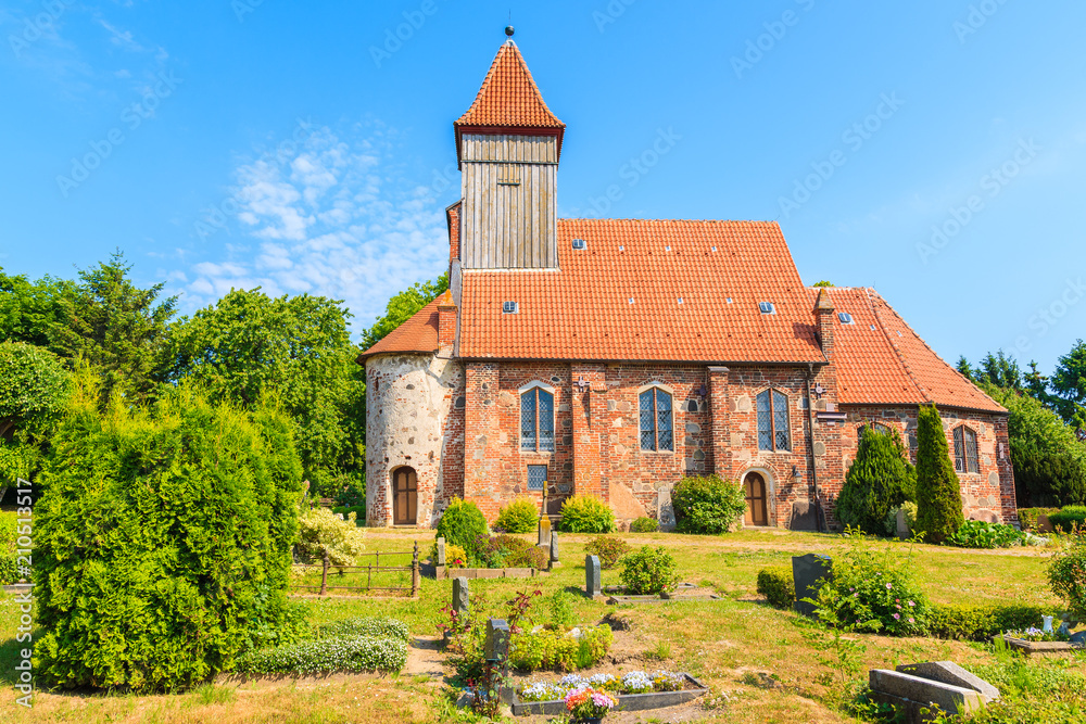 Old gothic church built from red bricks in Middelhagen village, Ruegen island, Baltic Sea, Germany