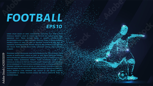 Football of the particles carries in the wind. Silhouette of a football player from circles