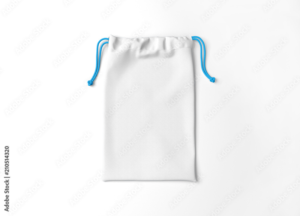 White drawstring bag on white background. Fabric cotton small bag. Isolated pouch.