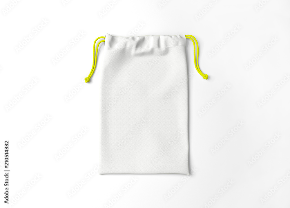 White drawstring bag on white background. Fabric cotton small bag. Isolated pouch.