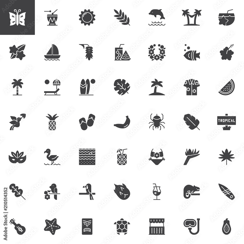 Fototapeta premium Tropical vacation vector icons set, modern solid symbol collection, filled style pictogram pack Signs logo illustration. Set includes icons as Cocktail, Yacht ship, Palm tree, Sunbed, Surfboard Bikini