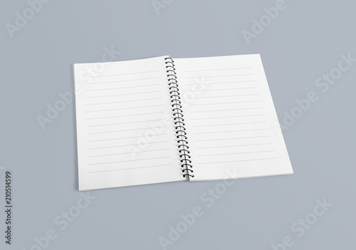 Notebook mockup for your design, image, text or corporate identity details. Vertical blank copybook with metallic silver spiral. Template of organizer or diary isolated on white background. 