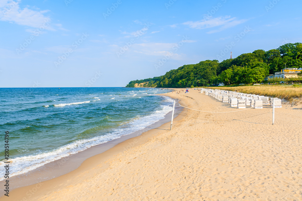 Fototapeta premium View of beach with sea waves in Goehren town, Ruegen island, Baltic Sea, Germany