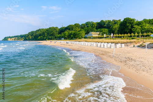 View of beach with sea waves in Goehren town, Ruegen island, Baltic Sea, Germany