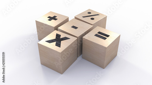 Arithmetic signs school play cubes. 3d illustration 
