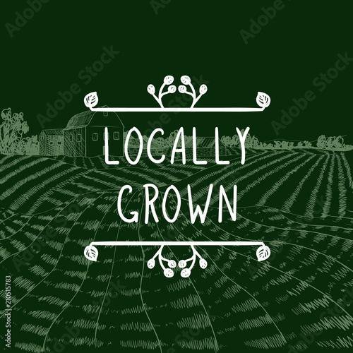 Vector Logo Locally Grown, Farming Icon, Doodle Framel, Farm Field Background. photo