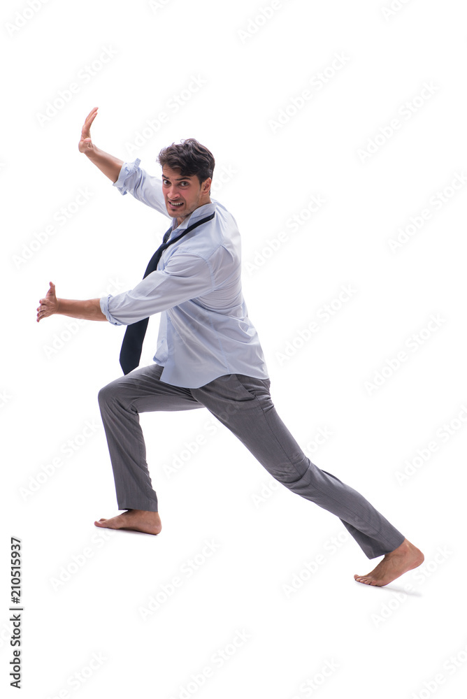 Barefooted businessman isolated on white background