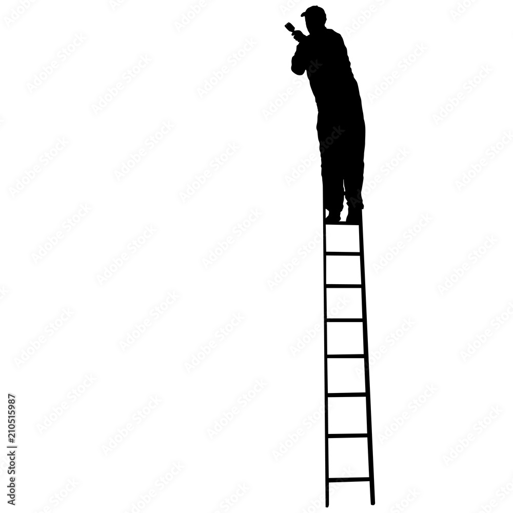 Silhouette worker climbing the ladder on white background Silhouette worker climbing the ladder on white background