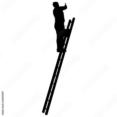 Silhouette worker climbing the ladder on white background