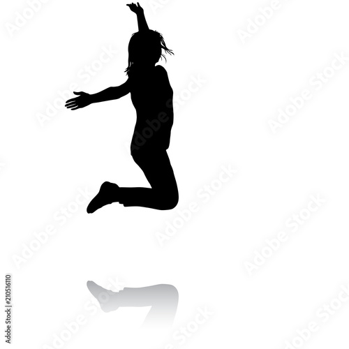 Silhouette young girl jumping with hands up, motion