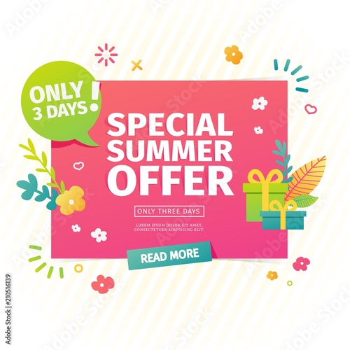 Template square banner for summer offer. Layout poster for summer discount with floral decoration  leaf  blossom flower and flat gift box. Season sale design. Vector