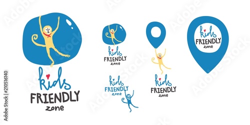 A sign of the territory intended or safe for children. Logo with a monkey. Geo tag of a child s place. Children s drawing style.