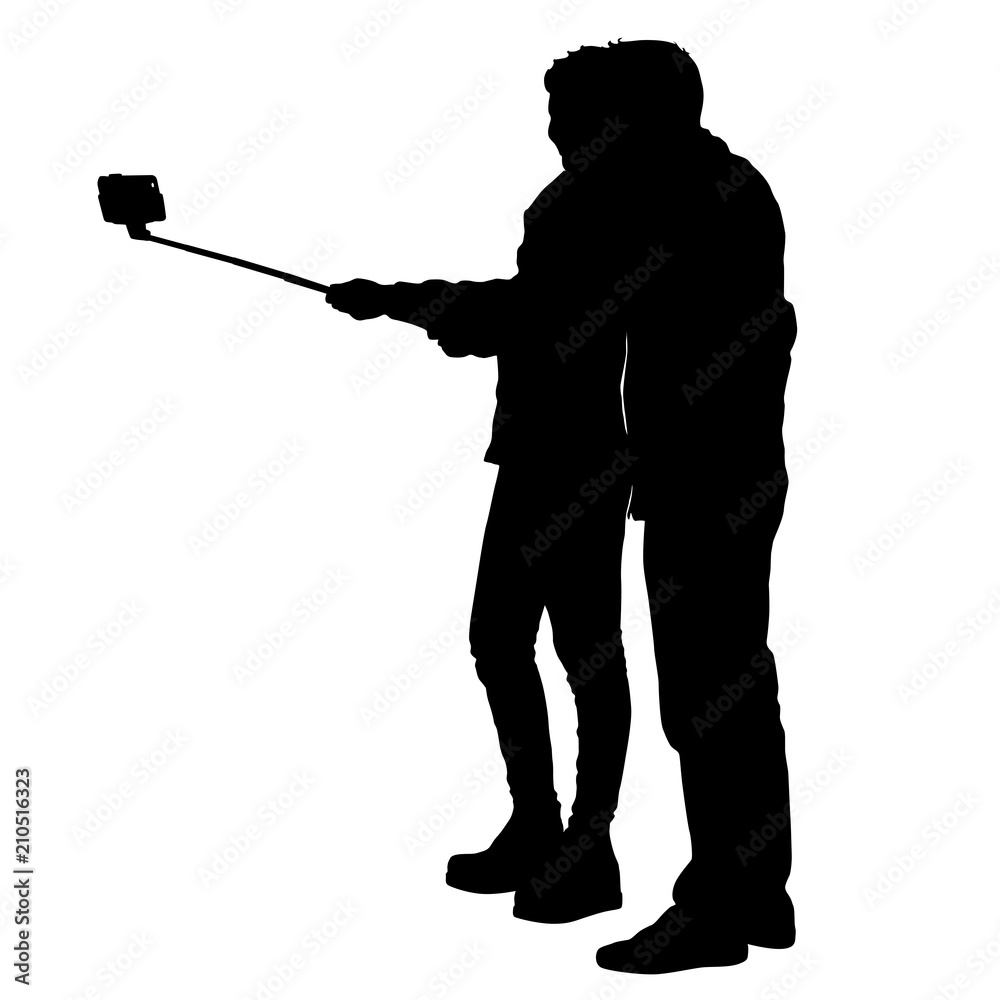 Silhouettes man and woman taking selfie with smartphone on white background Silhouettes man and woman taking selfie with smartphone on white background