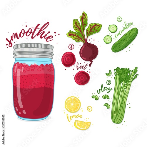 Vegetable cocktail for healthy life. Smoothies with beet, lemon, cucumber and  celery. Recipe vegetarian organic smoothie in jar. Template recipe card with detox drink for diet. Vector