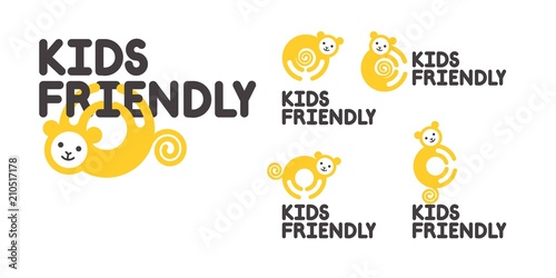 A sign of the territory intended or safe for children. Logo with a monkey. Kids friendly simbol. Animal logo element.