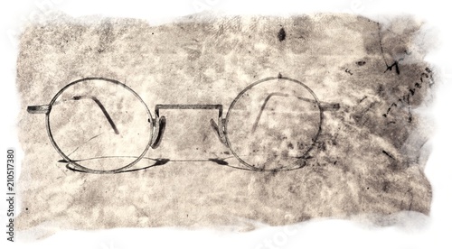 Vintage Round GLASSES with Shadows on original Antique PARCHMENT Sheet