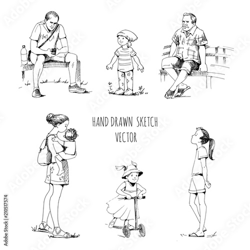 Children and parents, stroll with children. Hand-drawn vector sketch set