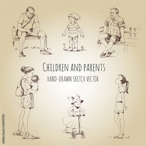 Children and parents, stroll with children. Hand-drawn vector sketch set