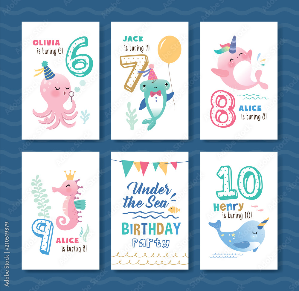 Plakat Szablon kartki urodzinowej z uroczą małą postacią z kreskówek z życia morskiego i numerami rocznicy urodzin