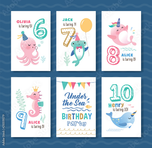 Birthday card template with cute little marine life cartoon character and birthday anniversary numbers