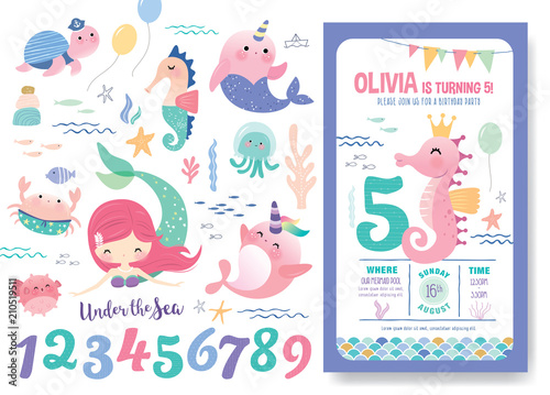 Birthday party invitation card template with cute little mermaid, marine life cartoon character and birthday anniversary numbers