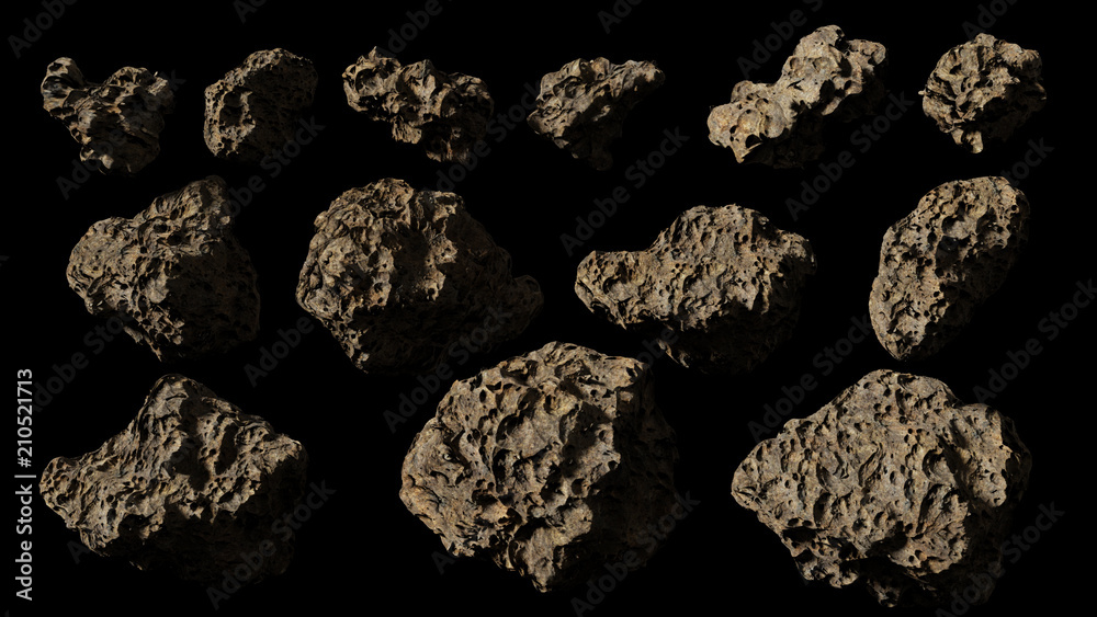 asteroids isolated on black background, set of giant rocks in outer space asteroids isolated on black background, set of giant rocks in outer space